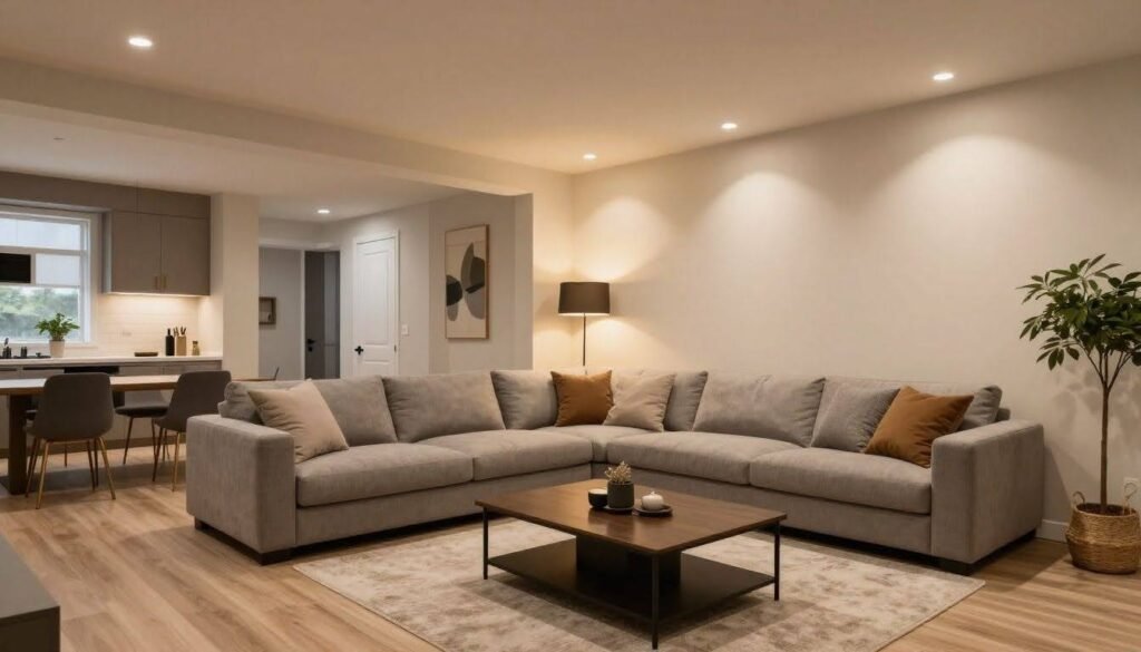 Modern renovated basement living area in Aurora, Ontario.