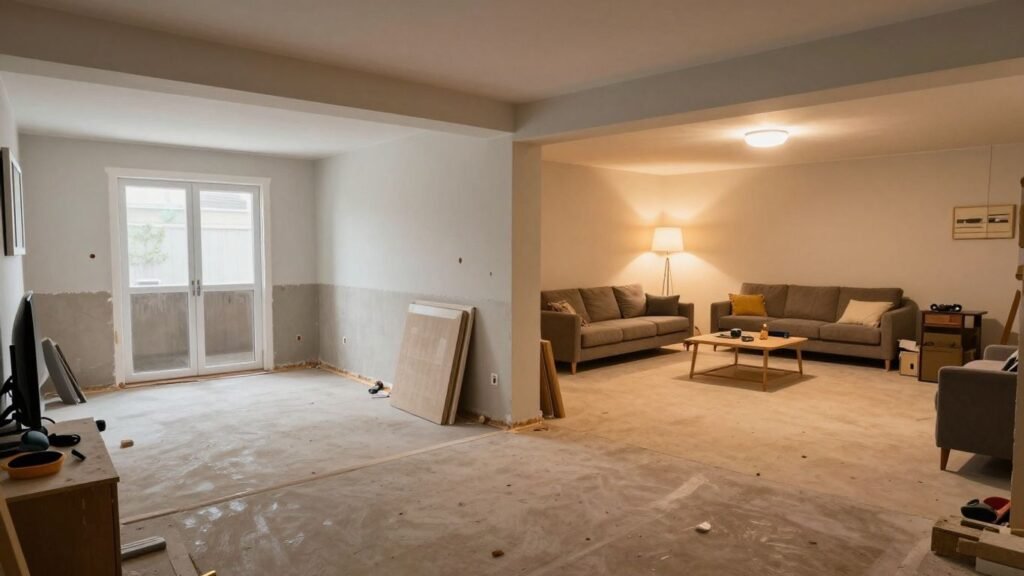 Basement remodel comparison: unfinished vs. finished space.